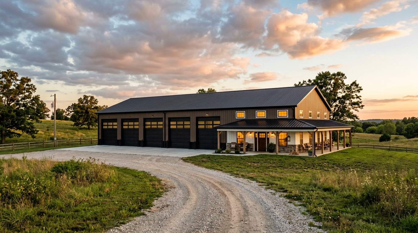 Custom RV barndominium with six bays and a wrap-around porch living wing