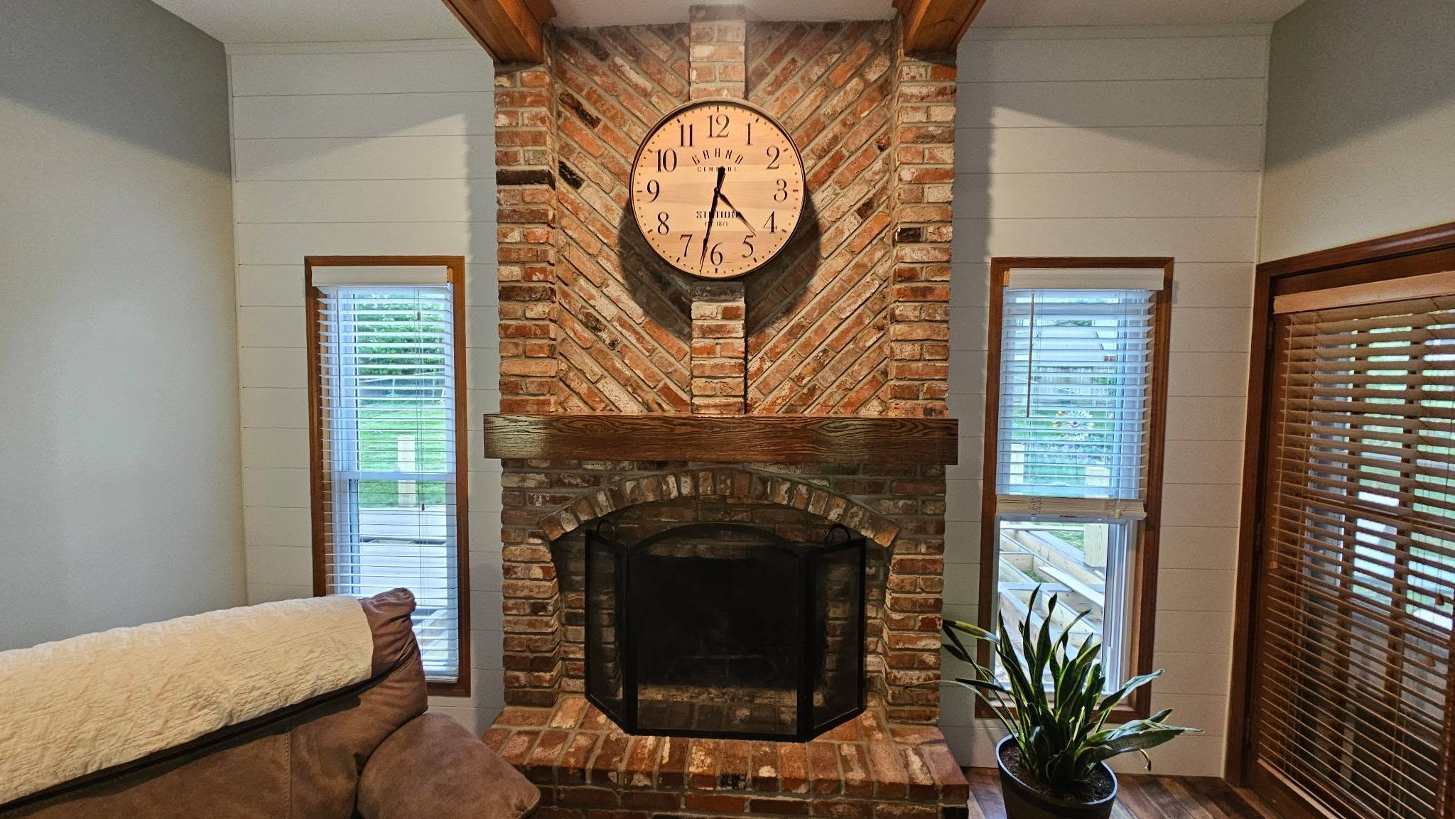 Finished herringbone brick fireplace surround in Liberty Missouri