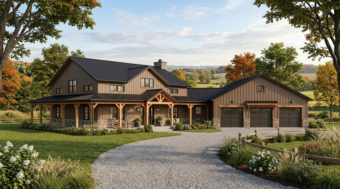 3D rendering, The Homestead 2,600 sq ft barndominium home with an attached three-car garage