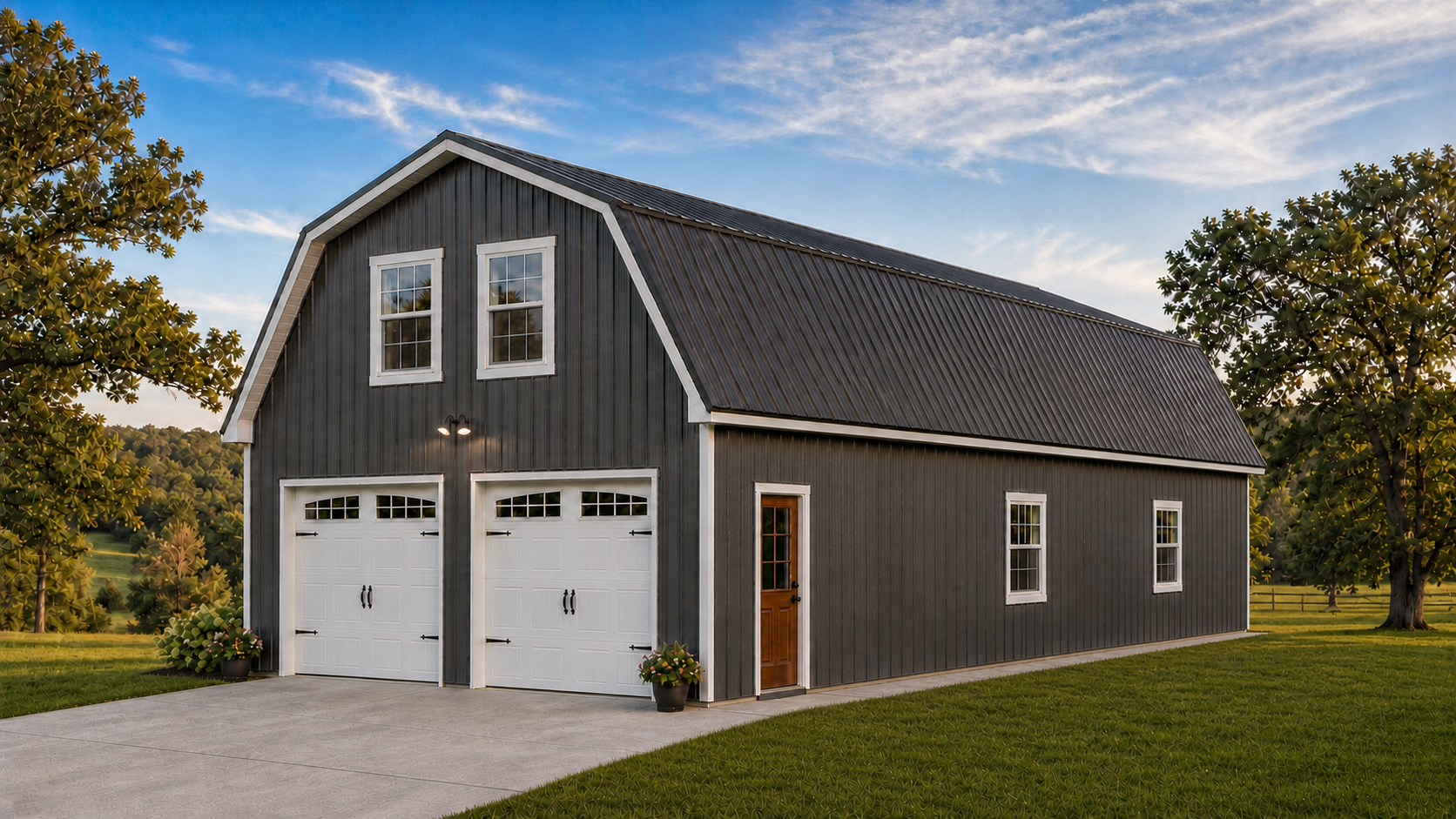 3D concept rendering, 24x38 Gambrel garage with finished ADU above and enclosed interior stair