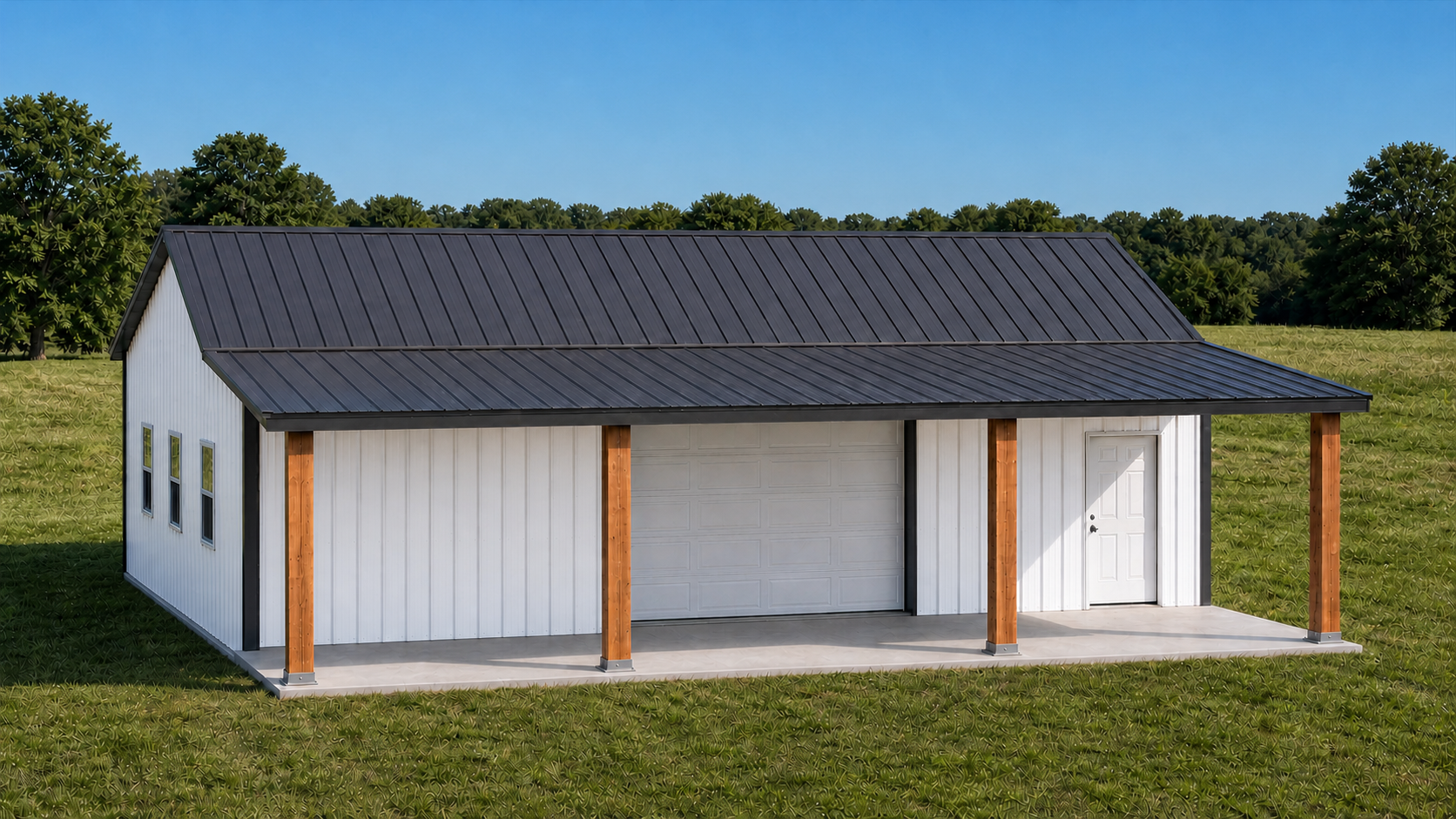 3D rendering, 30x40 post-frame shop with 12-foot covered front porch and centered garage door, building and slab