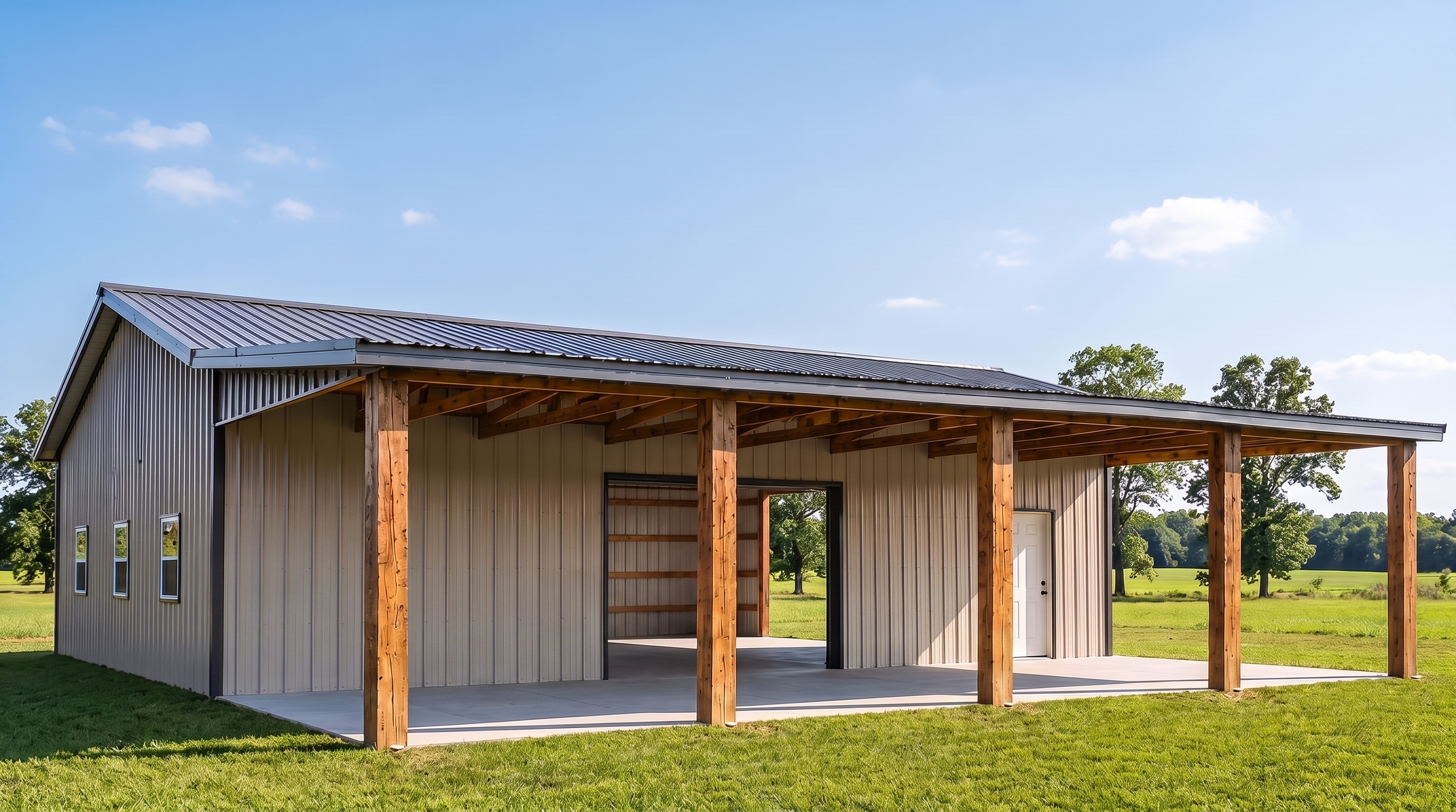 3D rendering, 30x40 post-frame shop with 12-foot covered front porch and centered garage door, building and slab