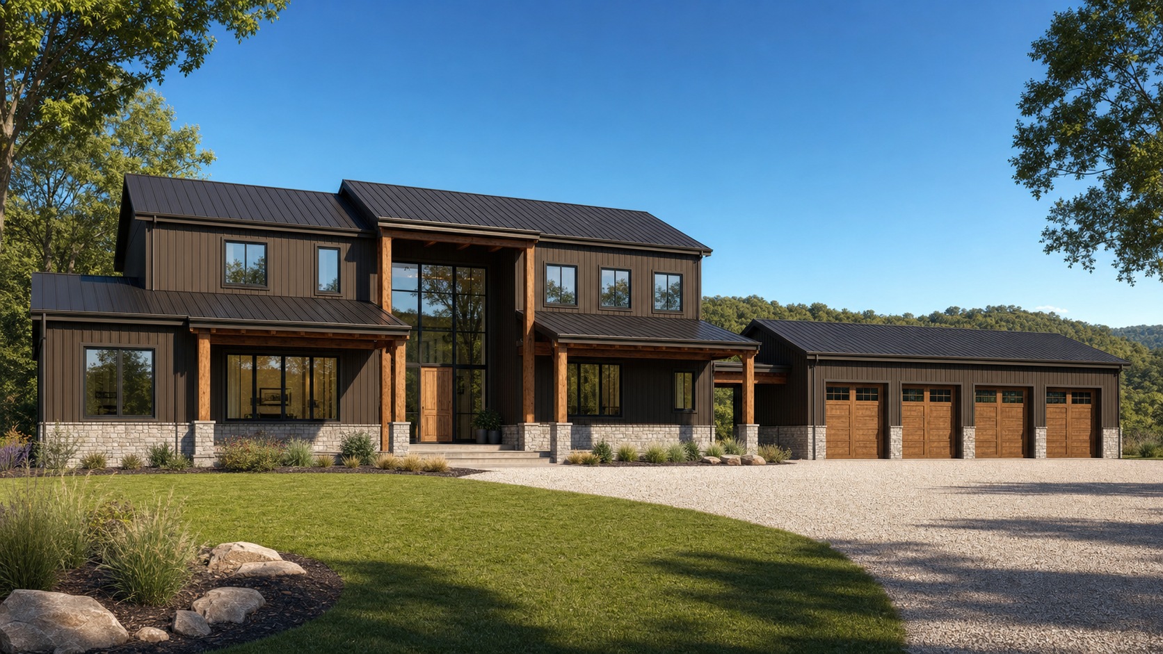 3D rendering, The Walnut 3,400 sq ft barndominium home with an attached four-car garage