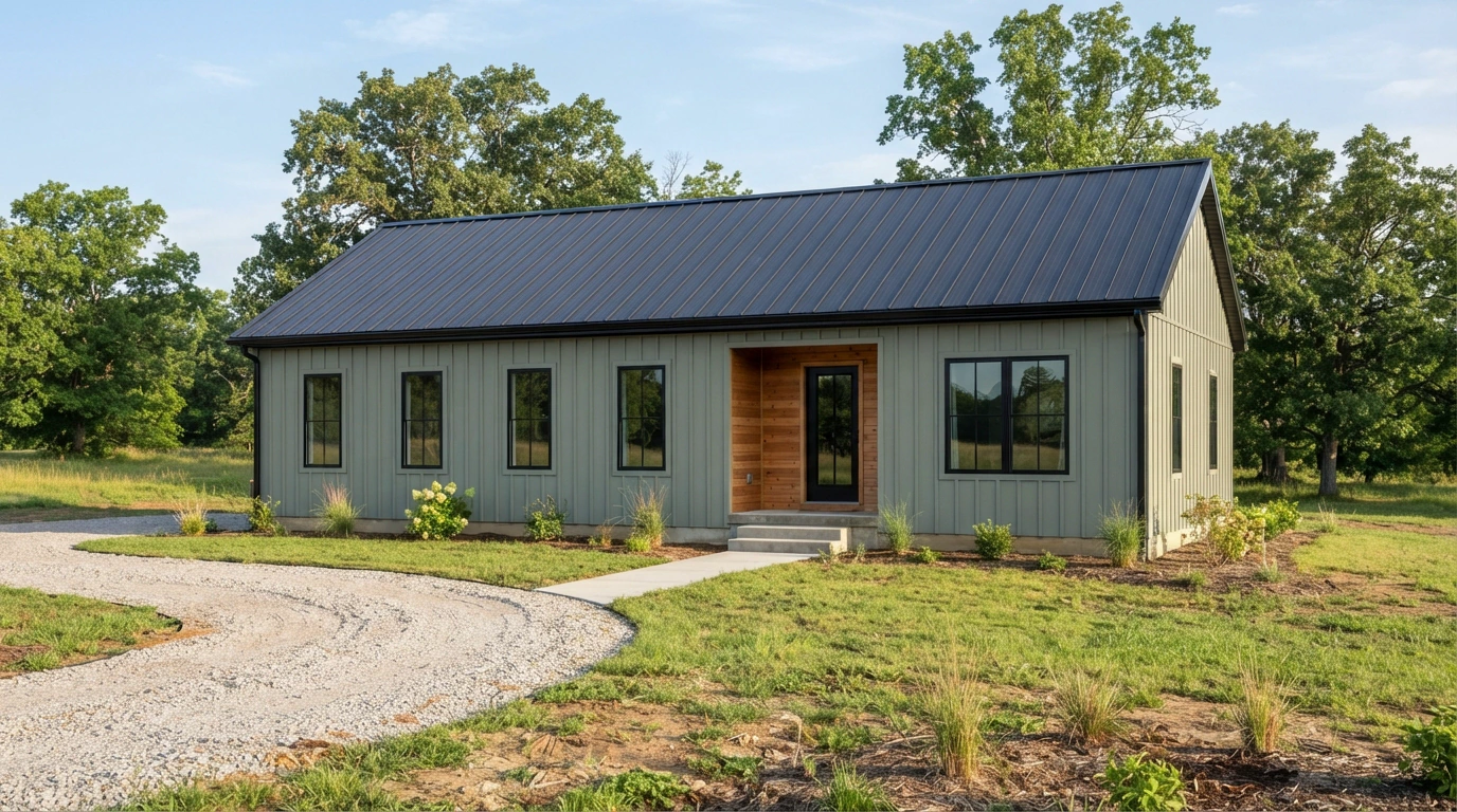 3D rendering, The Willow 1,080 sq ft barndominium home with a recessed entry